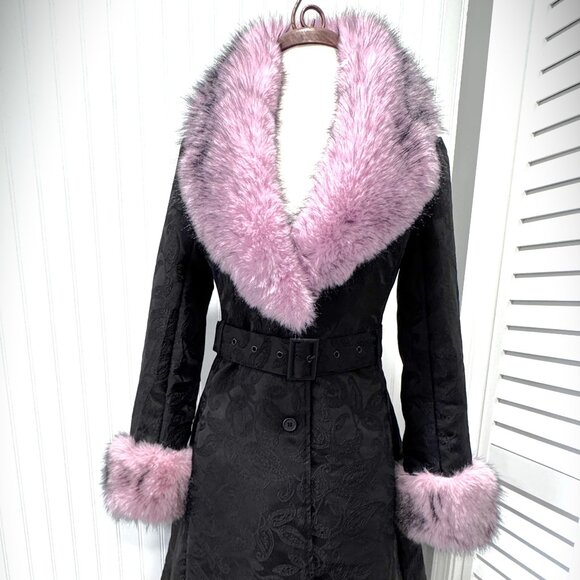 Sugar Thrillz Jackets & Blazers - Sugar Thrillz Black & Pink Brocade Faux Fur A-Line Trench Coat